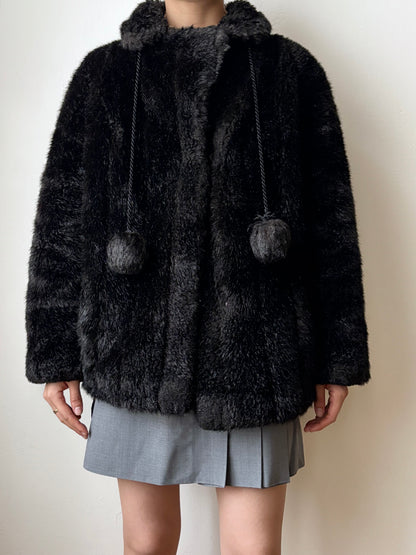 vintage fur jacket with ponpon tie