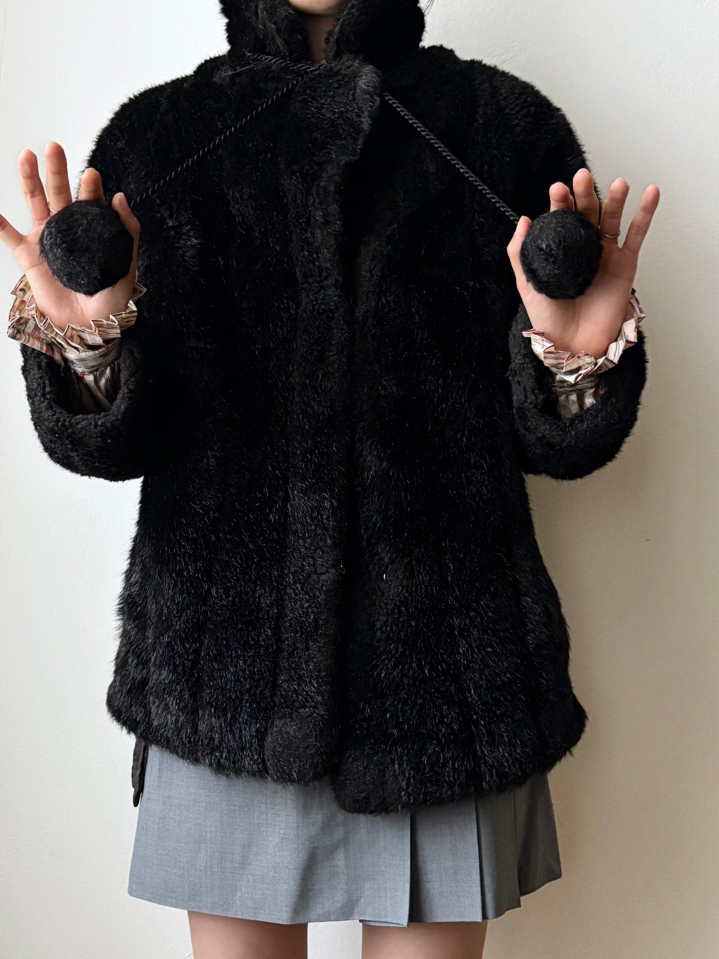 vintage fur jacket with ponpon tie