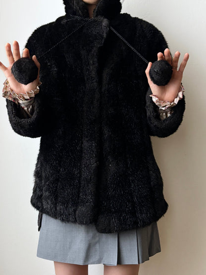 vintage fur jacket with ponpon tie