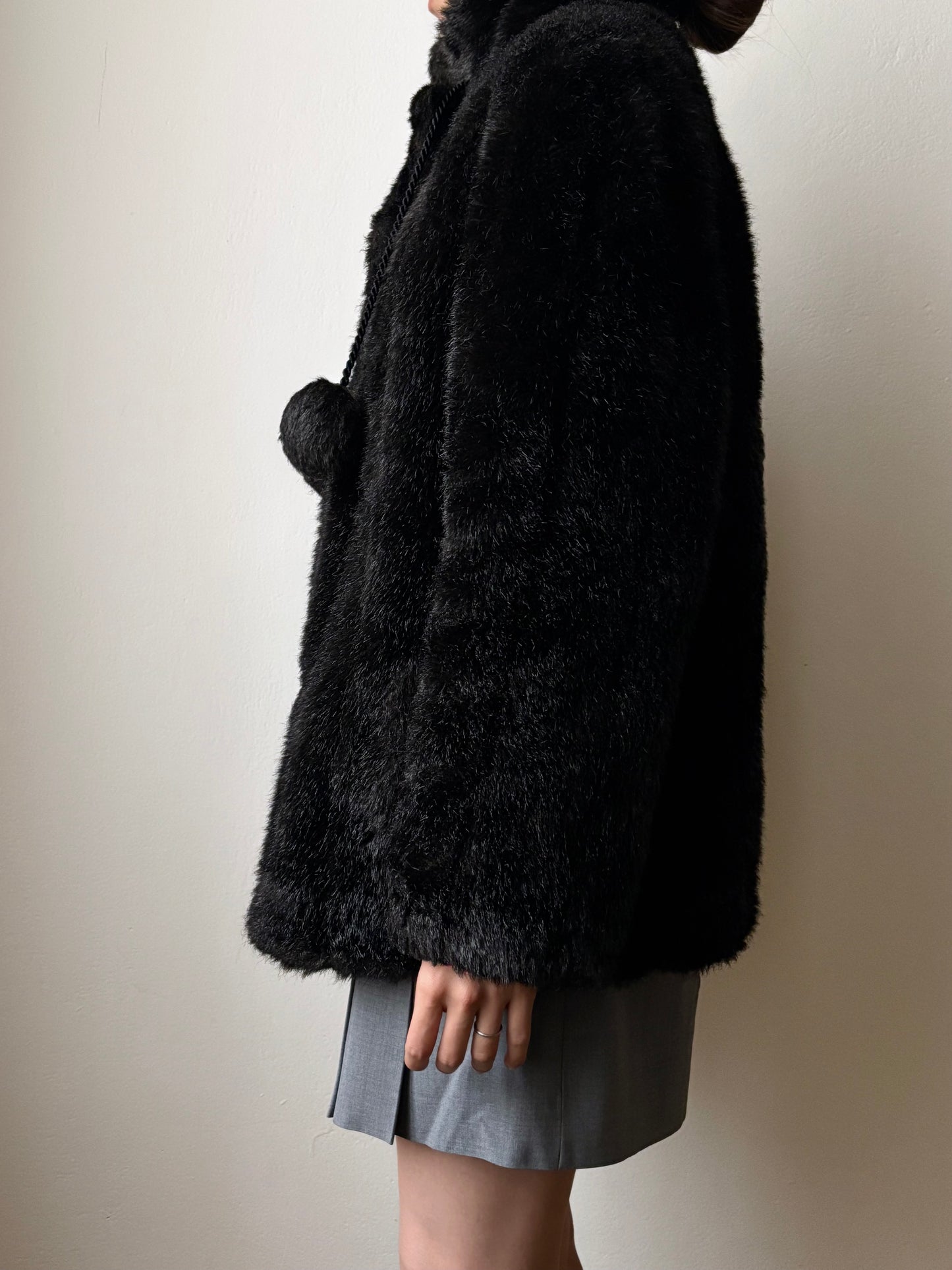 vintage fur jacket with ponpon tie