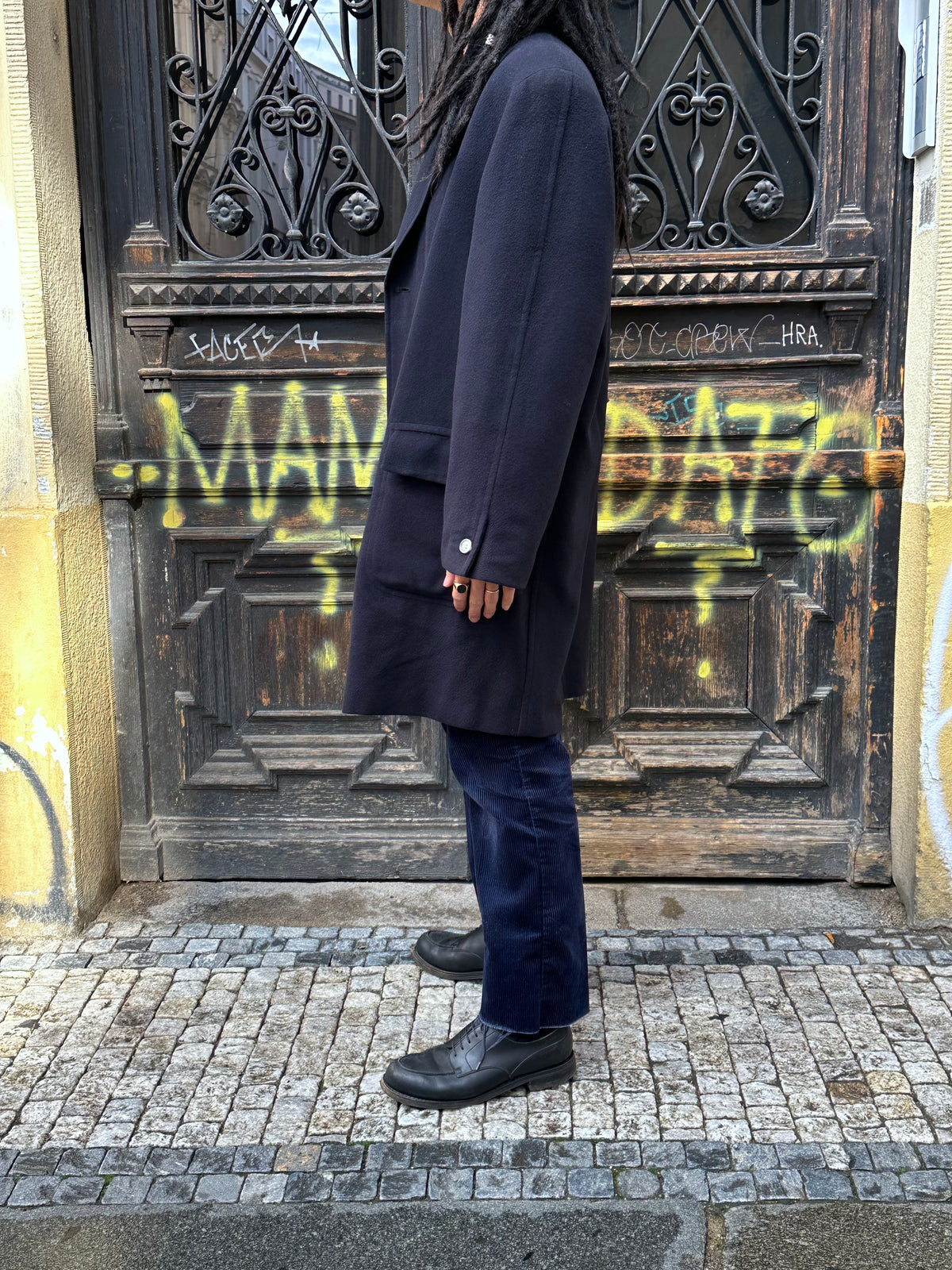 1987 Late 1980s 80s 80年代 C.P. COMPANY Black Wool Coat Massimo Osti Made in Italy Toto Praha Vintage clothing shop Antique shop 古着屋 プラハ Showroom appointment Prague ユーロ古着 ヨーロッパ古着 古着卸 ヴィンテージ