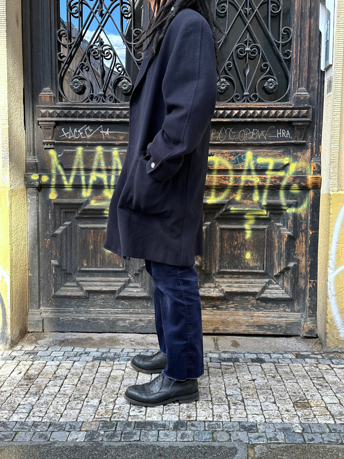 1987 Late 1980s 80s 80年代 C.P. COMPANY Black Wool Coat Massimo Osti Made in Italy Toto Praha Vintage clothing shop Antique shop 古着屋 プラハ Showroom appointment Prague ユーロ古着 ヨーロッパ古着 古着卸 ヴィンテージ