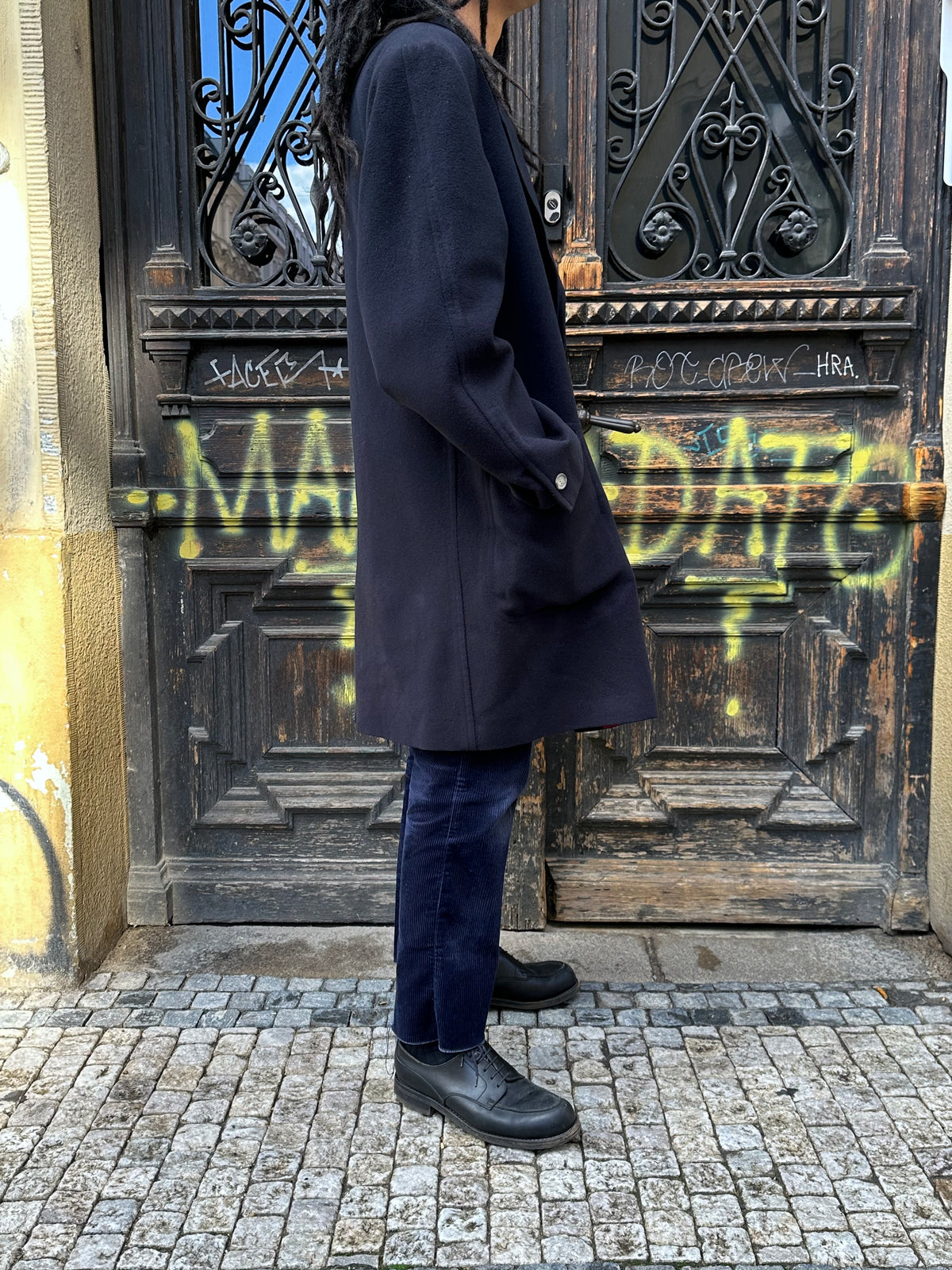 1987 Late 1980s 80s 80年代 C.P. COMPANY Black Wool Coat Massimo Osti Made in Italy Toto Praha Vintage clothing shop Antique shop 古着屋 プラハ Showroom appointment Prague ユーロ古着 ヨーロッパ古着 古着卸 ヴィンテージ