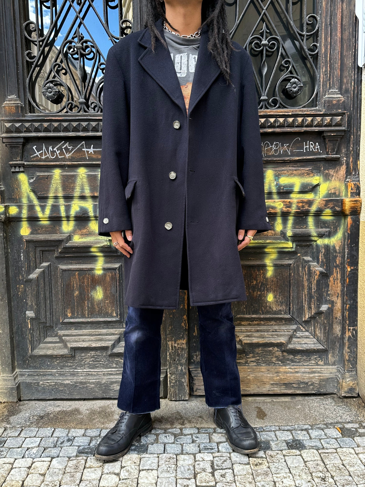 1987 Late 1980s 80s 80年代 C.P. COMPANY Black Wool Coat Massimo Osti Made in Italy Toto Praha Vintage clothing shop Antique shop 古着屋 プラハ Showroom appointment Prague ユーロ古着 ヨーロッパ古着 古着卸 ヴィンテージ