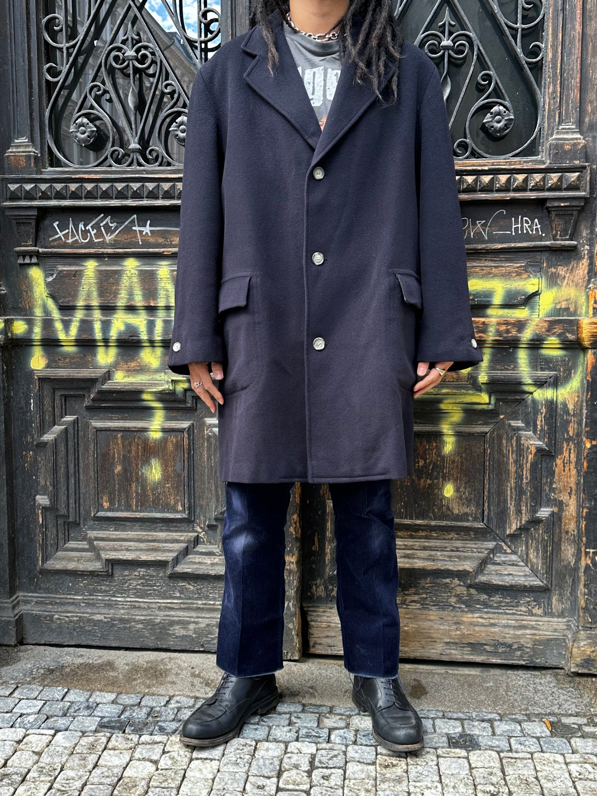 1987 Late 1980s 80s 80年代 C.P. COMPANY Black Wool Coat Massimo Osti Made in Italy Toto Praha Vintage clothing shop Antique shop 古着屋 プラハ Showroom appointment Prague ユーロ古着 ヨーロッパ古着 古着卸 ヴィンテージ