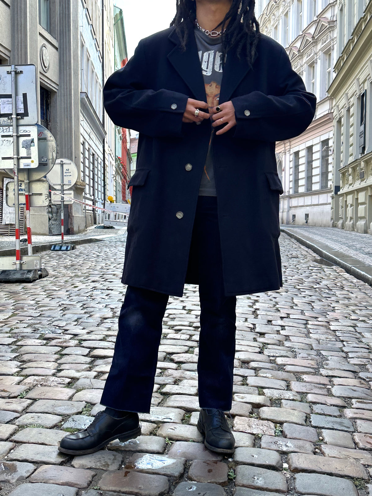 1987 Late 1980s 80s 80年代 C.P. COMPANY Black Wool Coat Massimo Osti Made in Italy Toto Praha Vintage clothing shop Antique shop 古着屋 プラハ Showroom appointment Prague ユーロ古着 ヨーロッパ古着 古着卸 ヴィンテージ
