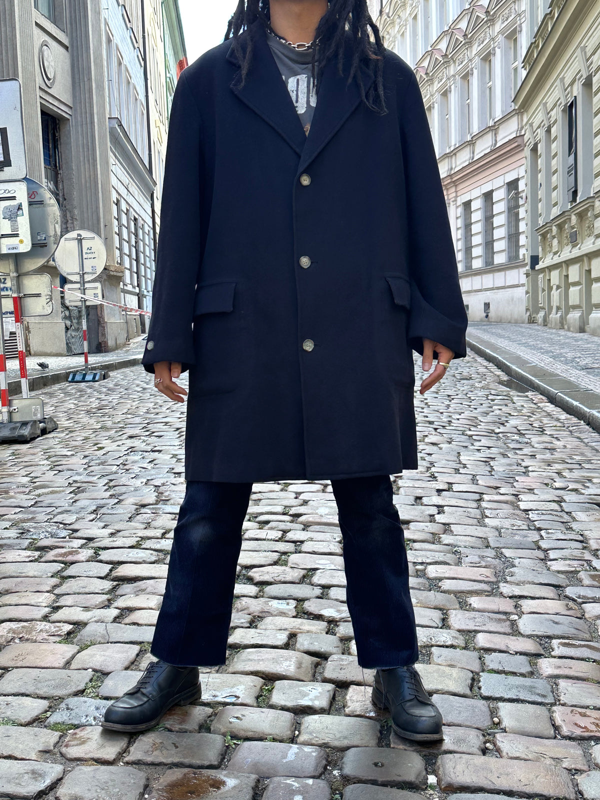 1987 Late 1980s 80s 80年代 C.P. COMPANY Black Wool Coat Massimo Osti Made in Italy Toto Praha Vintage clothing shop Antique shop 古着屋 プラハ Showroom appointment Prague ユーロ古着 ヨーロッパ古着 古着卸 ヴィンテージ