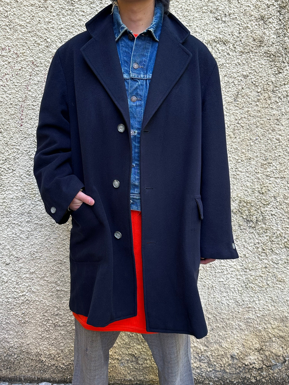 1987 Late 1980s 80s 80年代 C.P. COMPANY Black Wool Coat Massimo Osti Made in Italy Toto Praha Vintage clothing shop Antique shop 古着屋 プラハ Showroom appointment Prague ユーロ古着 ヨーロッパ古着 古着卸 ヴィンテージ