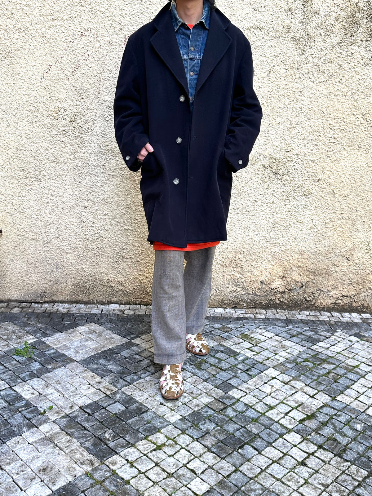 1987 Late 1980s 80s 80年代 C.P. COMPANY Black Wool Coat Massimo Osti Made in Italy Toto Praha Vintage clothing shop Antique shop 古着屋 プラハ Showroom appointment Prague ユーロ古着 ヨーロッパ古着 古着卸 ヴィンテージ