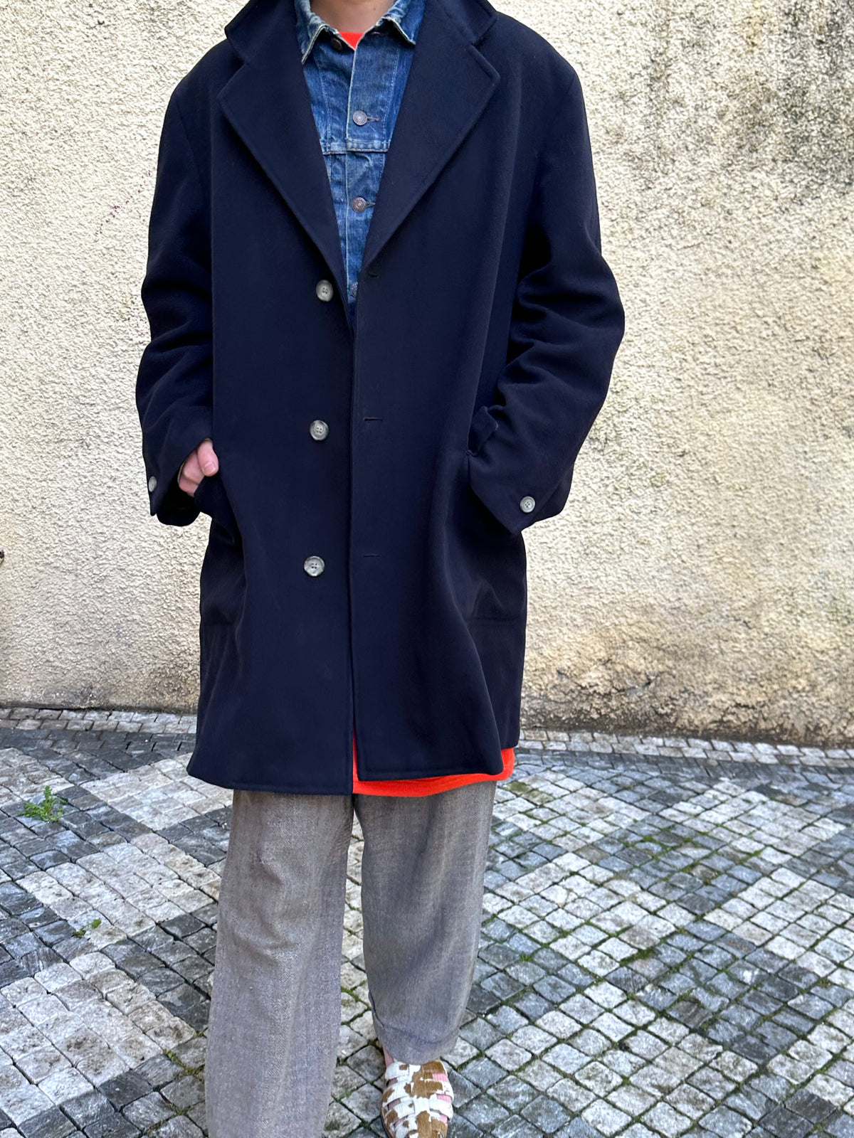 1987 Late 1980s 80s 80年代 C.P. COMPANY Black Wool Coat Massimo Osti Made in Italy Toto Praha Vintage clothing shop Antique shop 古着屋 プラハ Showroom appointment Prague ユーロ古着 ヨーロッパ古着 古着卸 ヴィンテージ