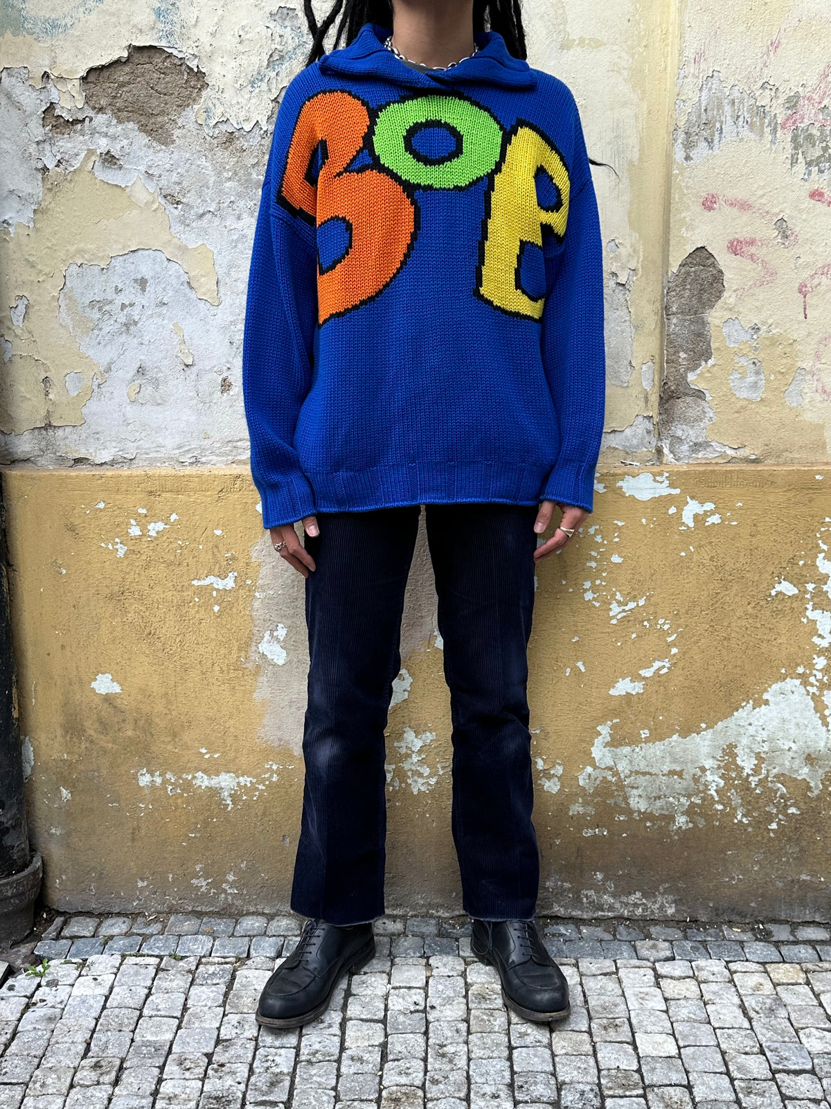 Thierry Mugler Wool Jumper BOB 80s 90s 80年代 90年代 ニット Toto Praha Vintage clothing shop Antique shop 古着屋 プラハ Showroom appointment Prague ユーロ古着 ヨーロッパ古着 古着卸 ヴィンテージ Blue 青 セーター 