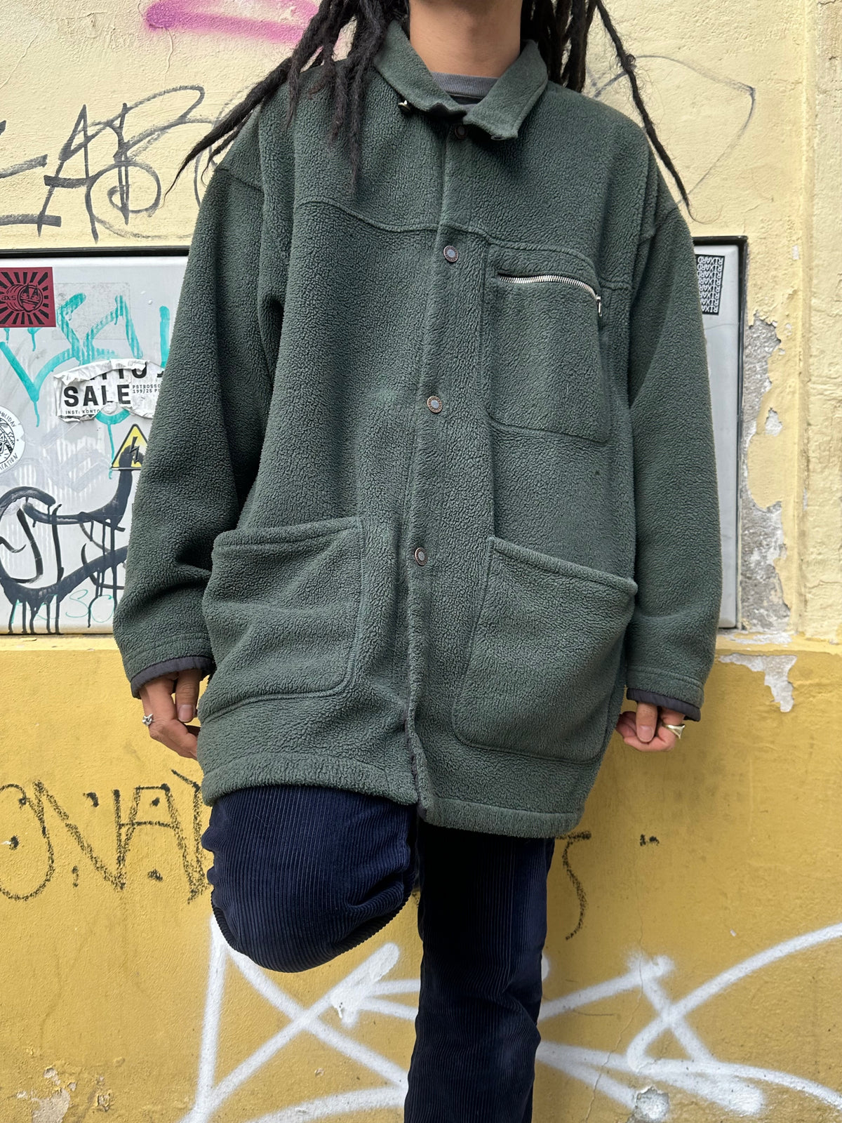 1990s Patagonia Shirring Coat 90年代 パタゴニア シャーリングコート フリース シンチラ レア ナイロン Toto Praha Vintage clothing shop Antique shop 古着屋 プラハ Showroom appointment Prague ユーロ古着 ヨーロッパ古着 古着卸 ヴィンテージ Made in USA アメリカ製 緑 Green