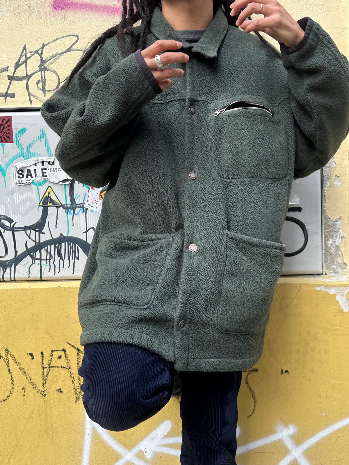 1990s Patagonia Shirring Coat 90年代 パタゴニア シャーリングコート フリース シンチラ レア ナイロン Toto Praha Vintage clothing shop Antique shop 古着屋 プラハ Showroom appointment Prague ユーロ古着 ヨーロッパ古着 古着卸 ヴィンテージ Made in USA アメリカ製 緑 Green