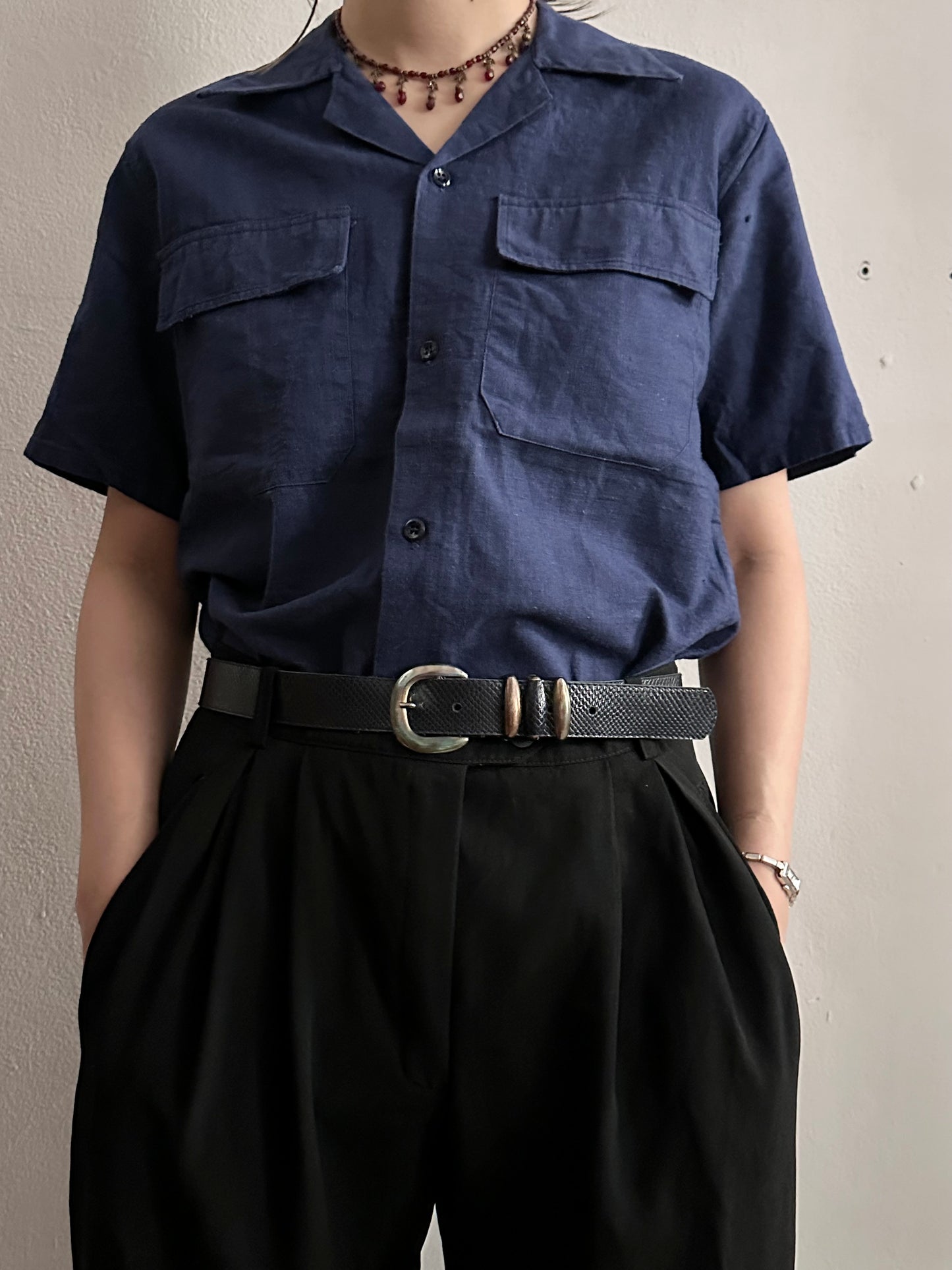 vintage leather belt - embossed navy