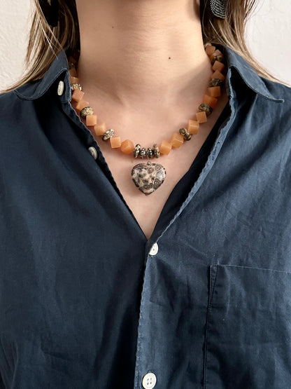 leopard skin jasper x orange aventurine heart necklace