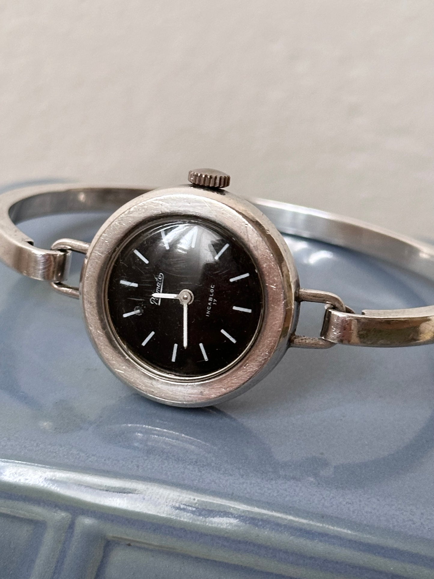 60-70s silver 835 black dial watch