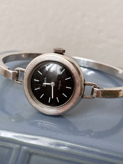 60-70s silver 835 black dial watch