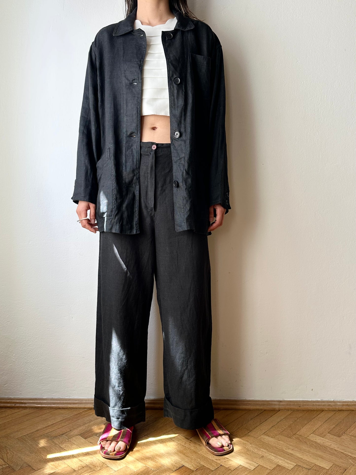 French black linen shirt jacket