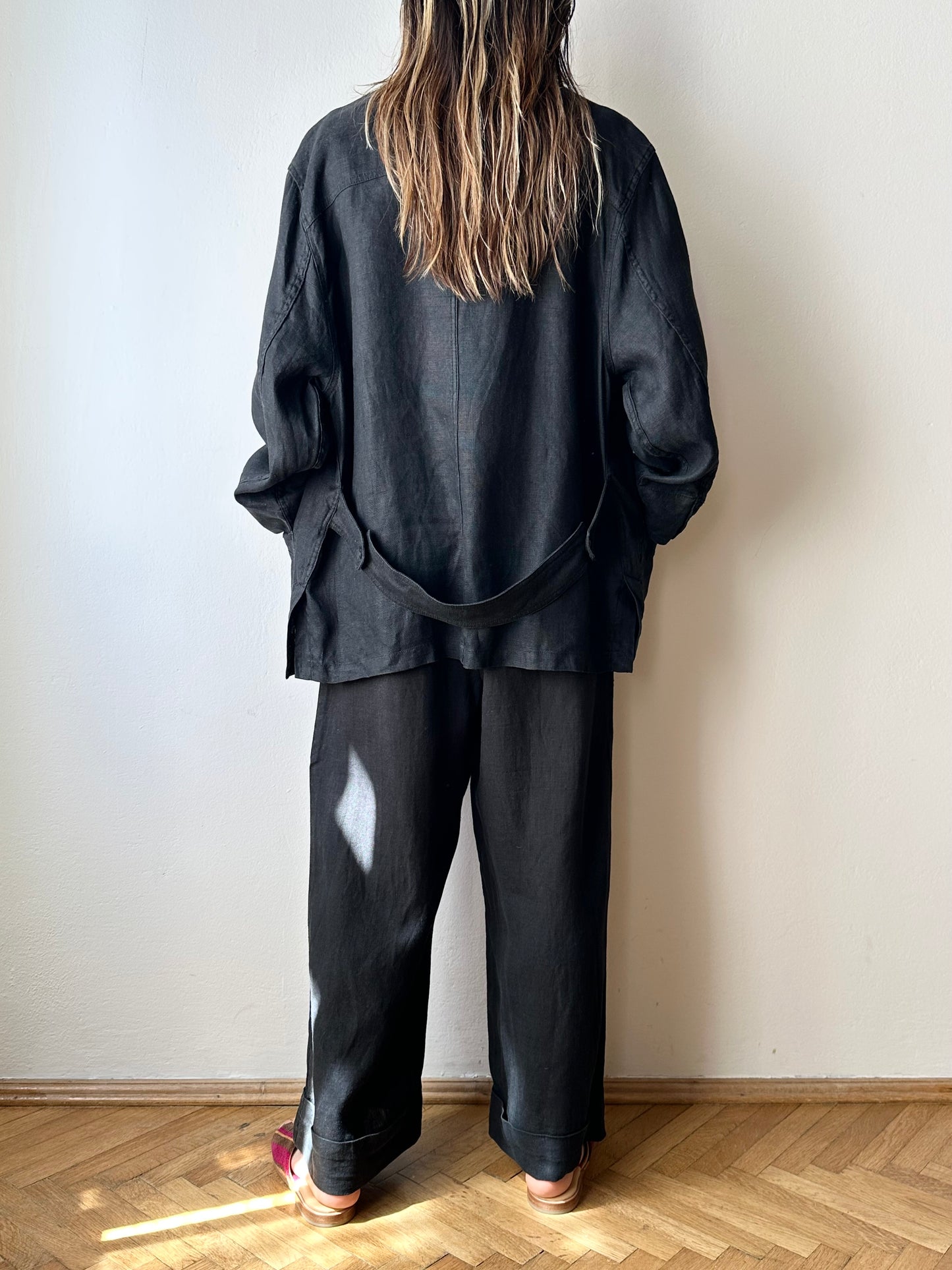 French black linen shirt jacket
