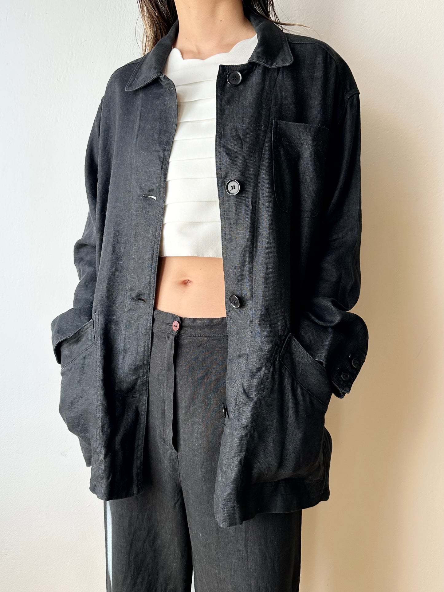French black linen shirt jacket