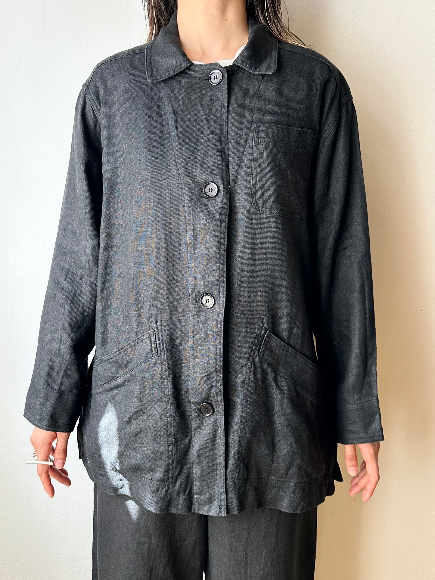 French black linen shirt jacket