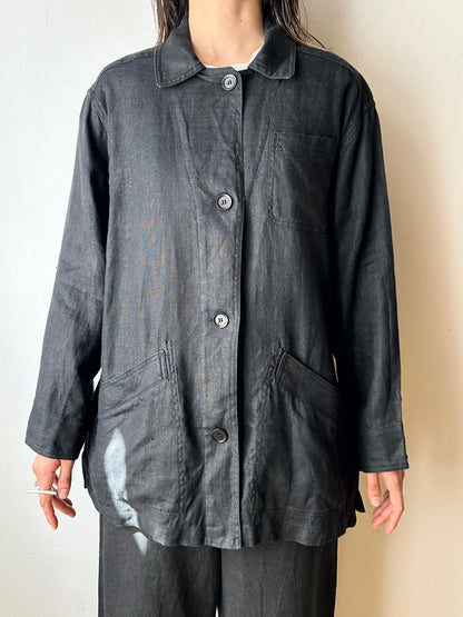 French black linen shirt jacket