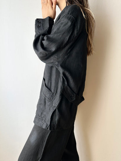 French black linen shirt jacket