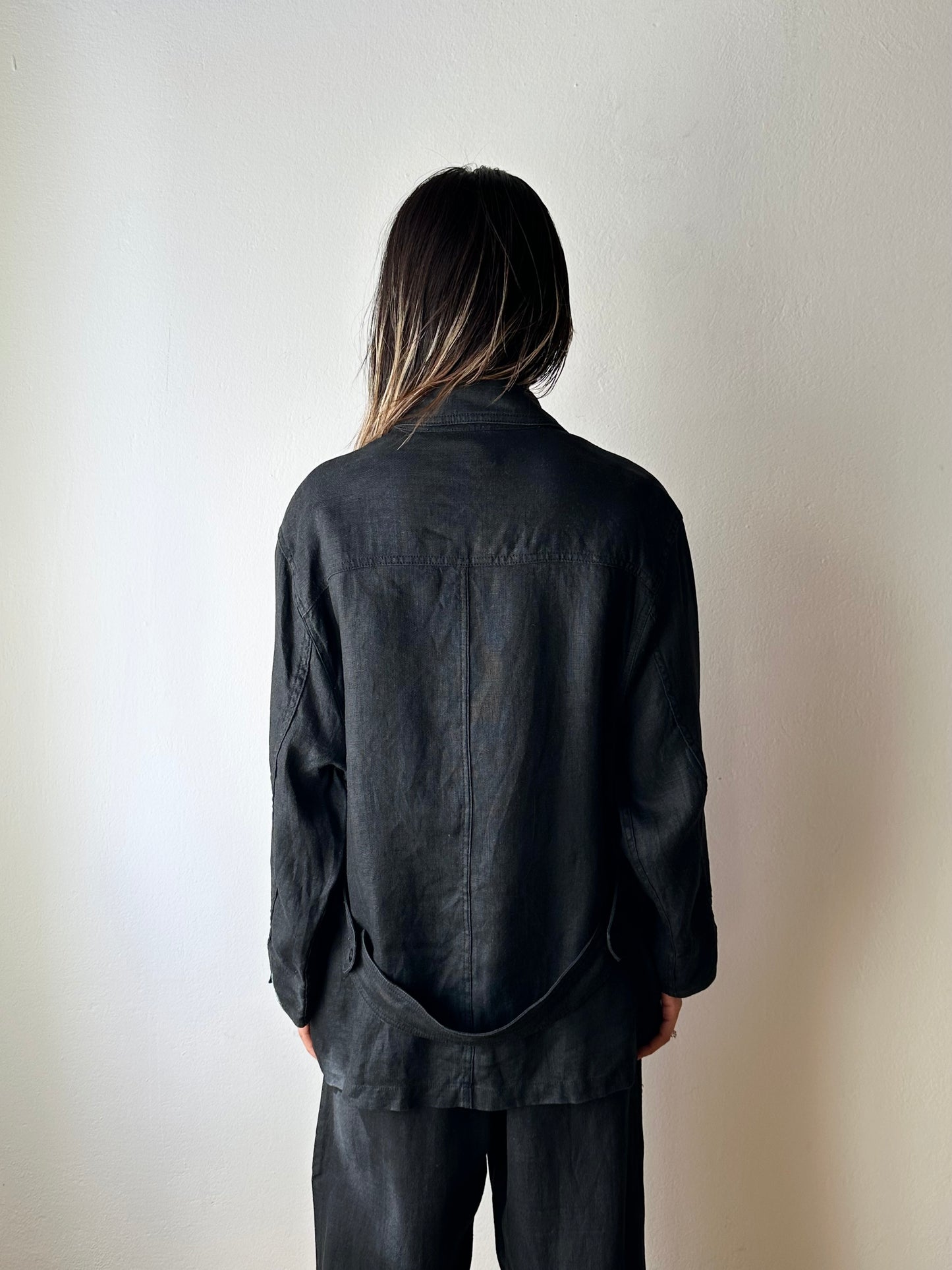 French black linen shirt jacket