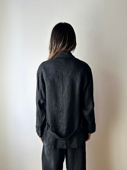 French black linen shirt jacket