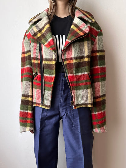 70s mohair blend plaid biker jacket