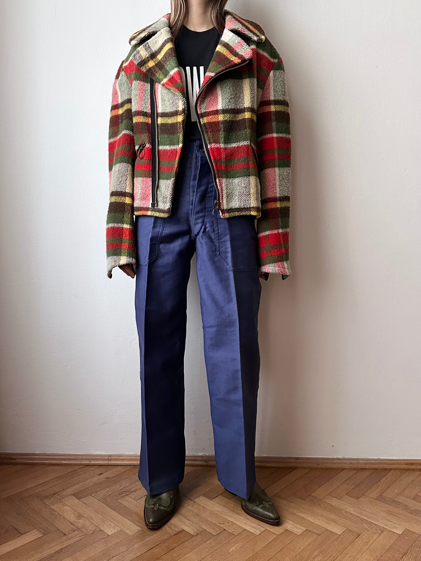 70s mohair blend plaid biker jacket