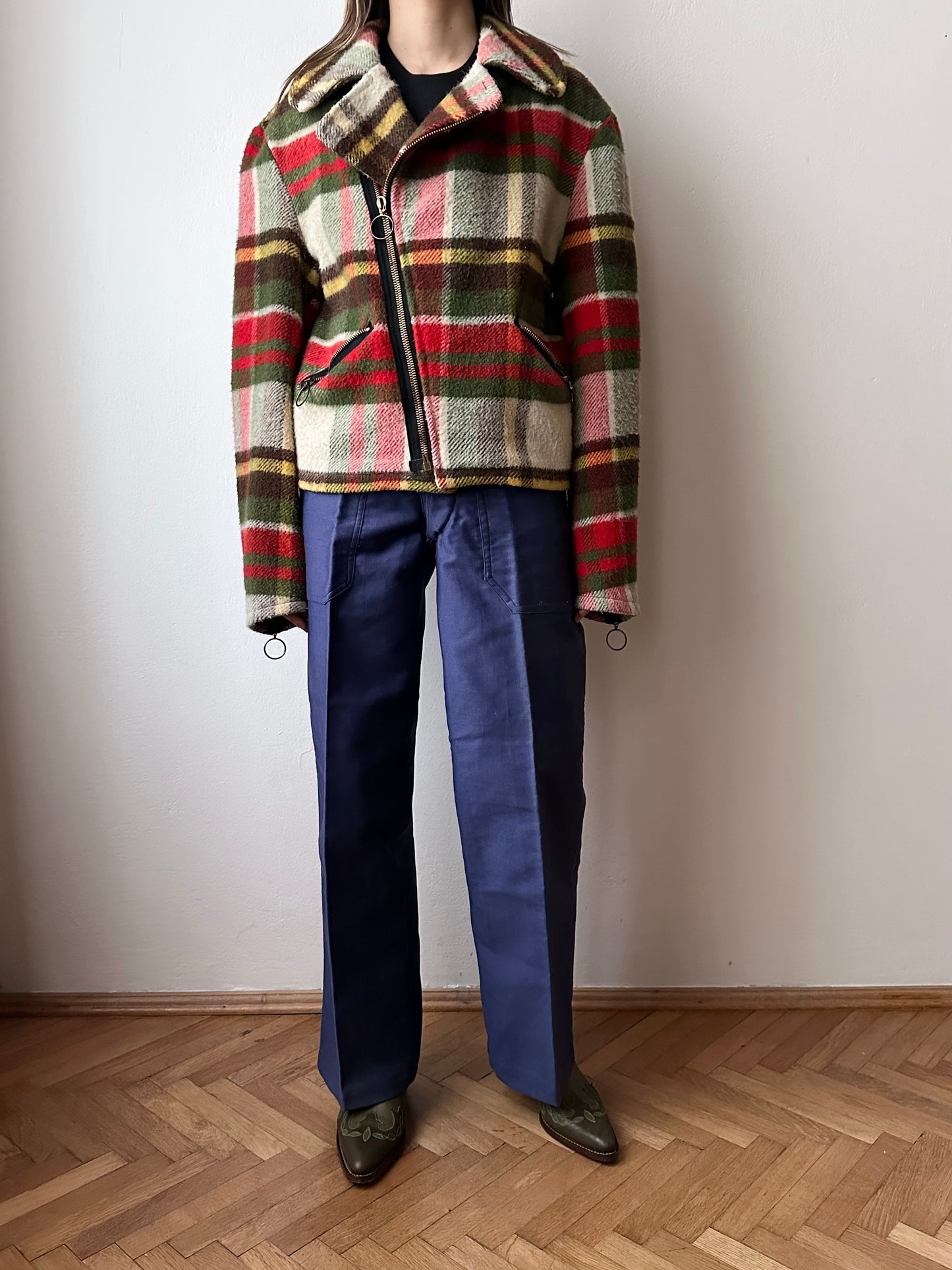 70s mohair blend plaid biker jacket
