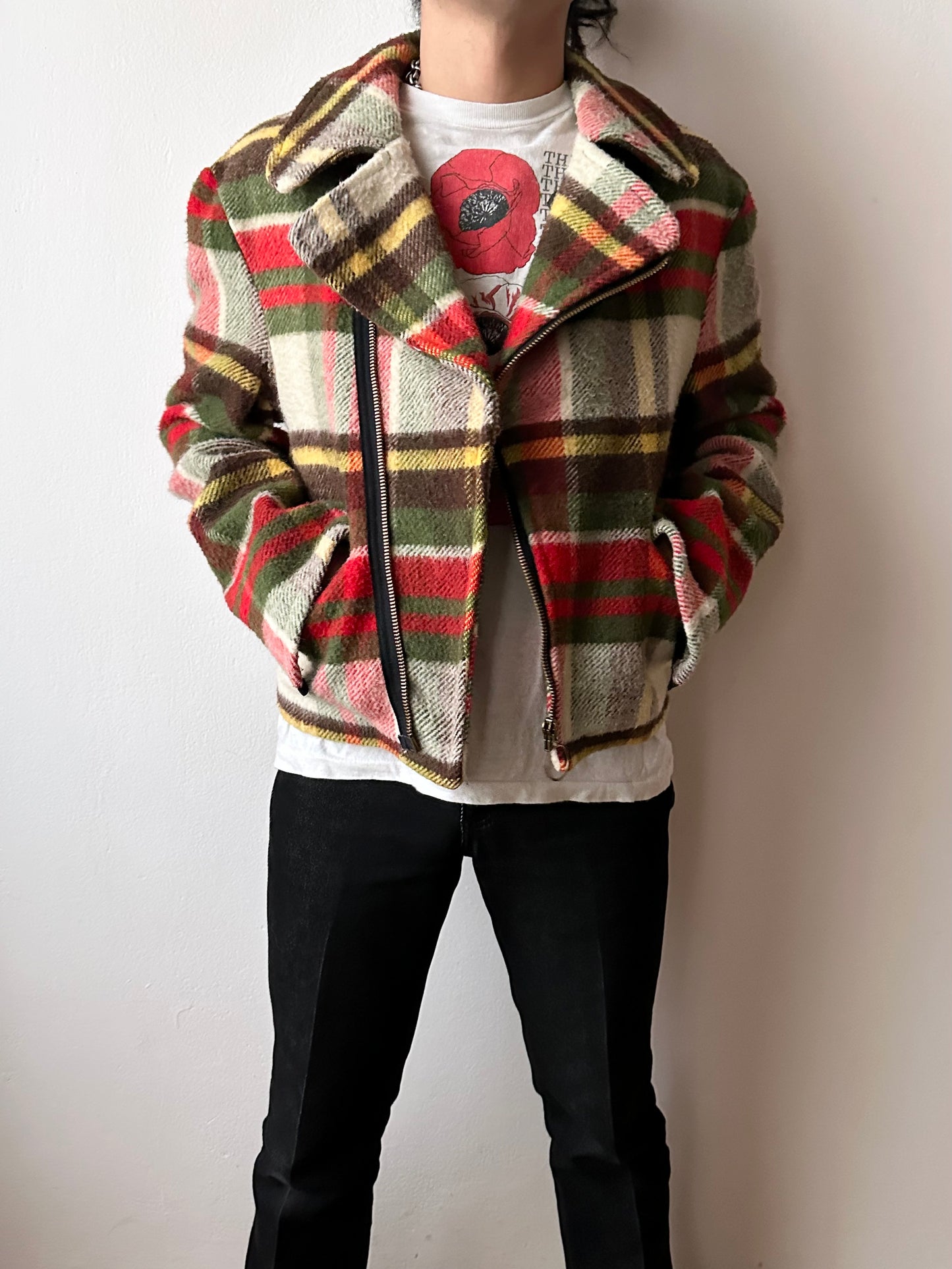 70s mohair blend plaid biker jacket