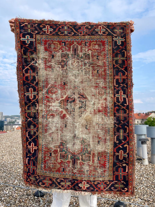 great faded hand woven antique rug