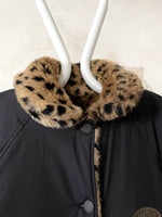 80's Italy reversible leopard fur & black cotton nylon
