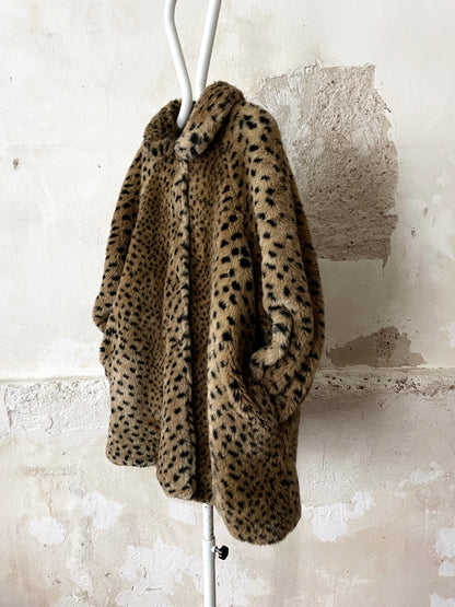 80's Italy reversible leopard fur & black cotton nylon