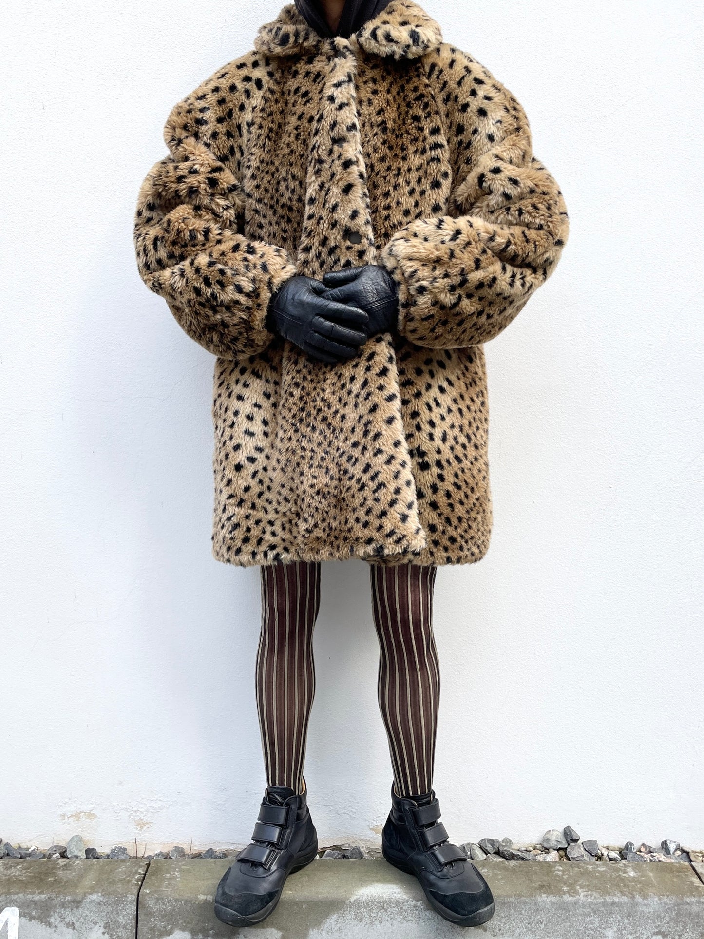 80's Italy reversible leopard fur & black cotton nylon