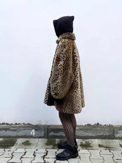 80's Italy reversible leopard fur & black cotton nylon