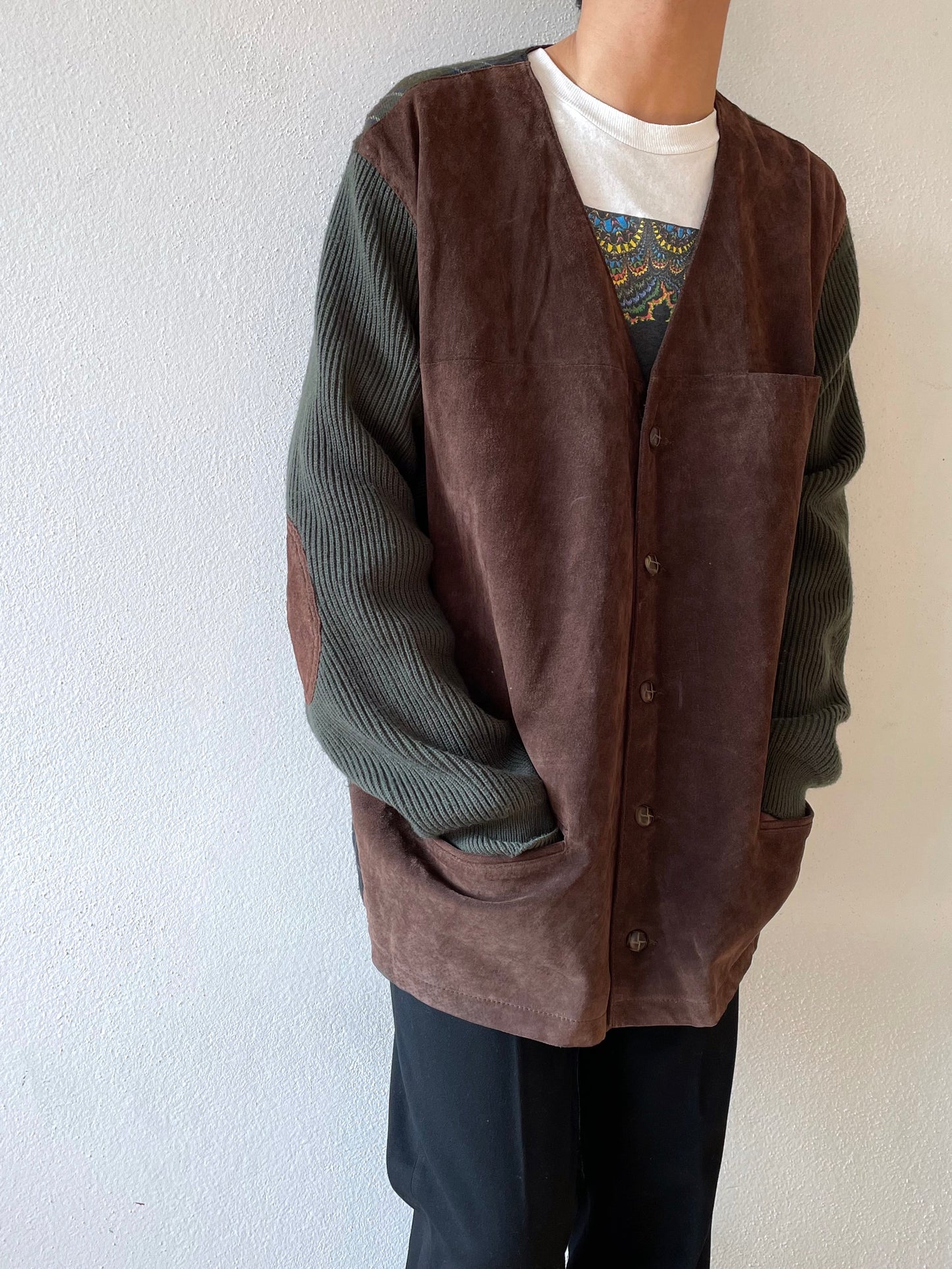 90s leather and wool cardigan