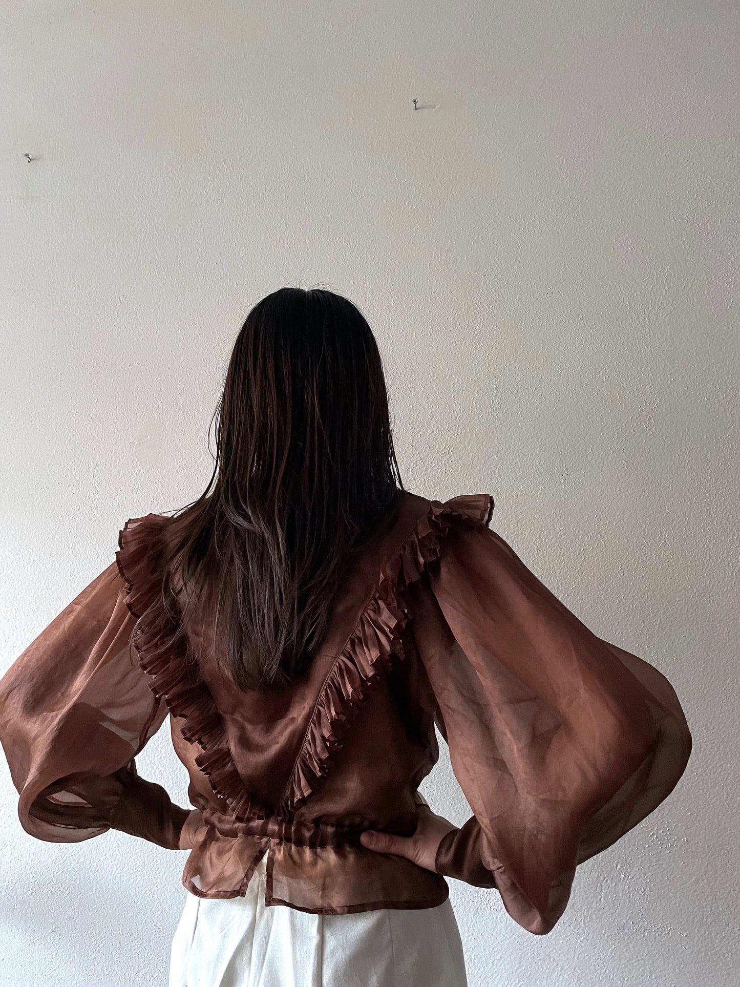 SPORTMAX MAX MARA silk blouse pure brown transparent shirt frill gather マックスマーラ スポーツマックス ブラウス シルク シャツ フリル ギャザーヴィンテージ vintage 90s 90's