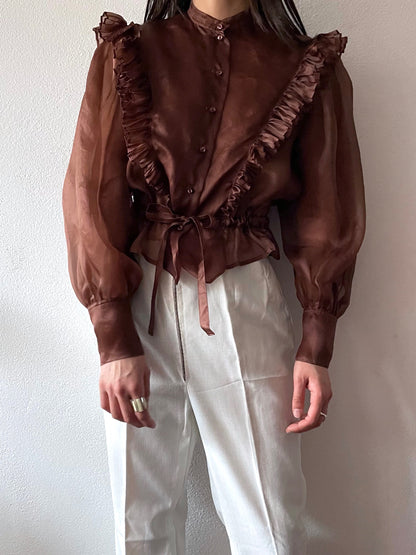 SPORTMAX MAX MARA silk blouse pure brown transparent shirt frill gather マックスマーラ スポーツマックス ブラウス シルク シャツ フリル ギャザーヴィンテージ vintage 90s 90's