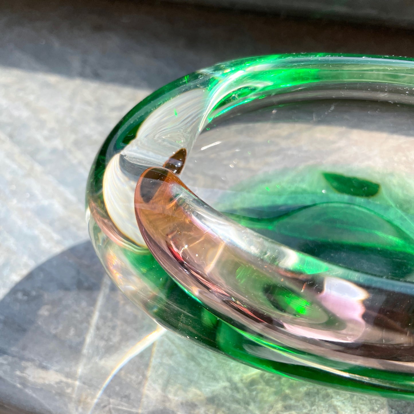 Bohemia glass ash tray, bowl - green pink