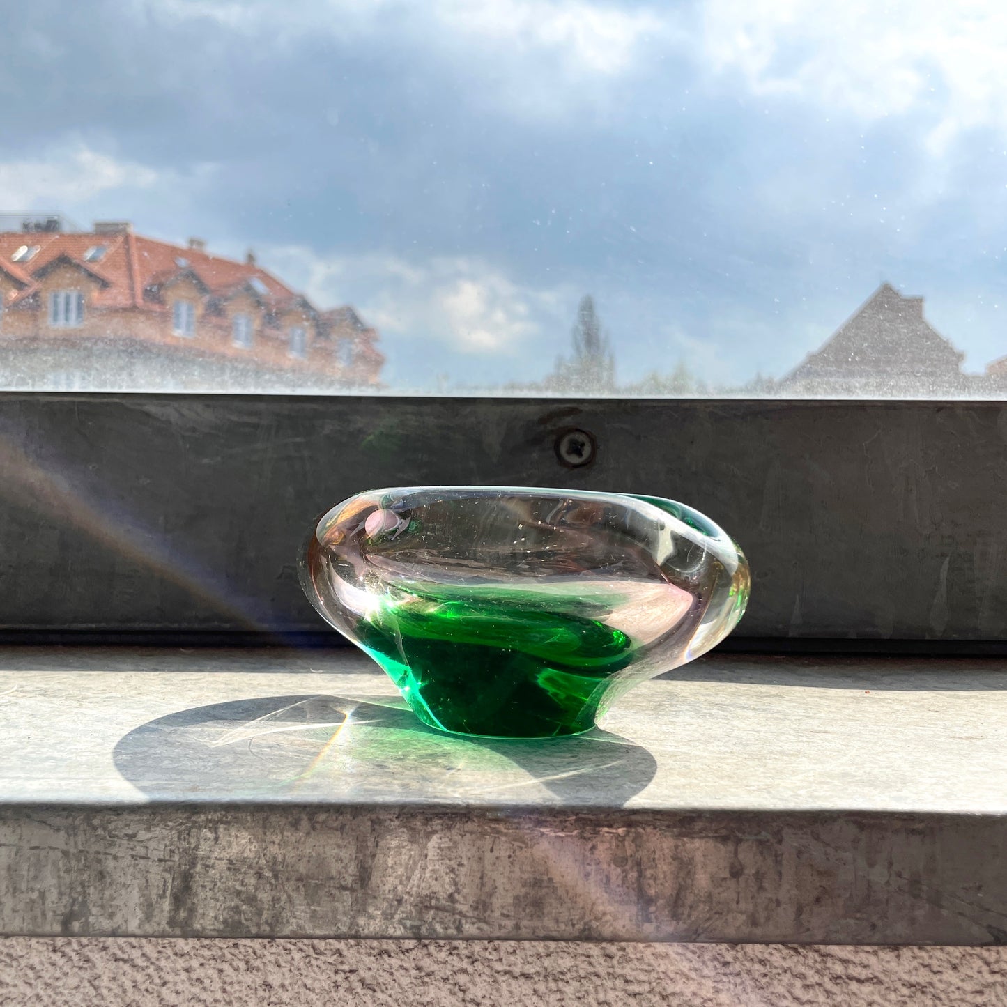 Bohemia glass ash tray, bowl - green pink