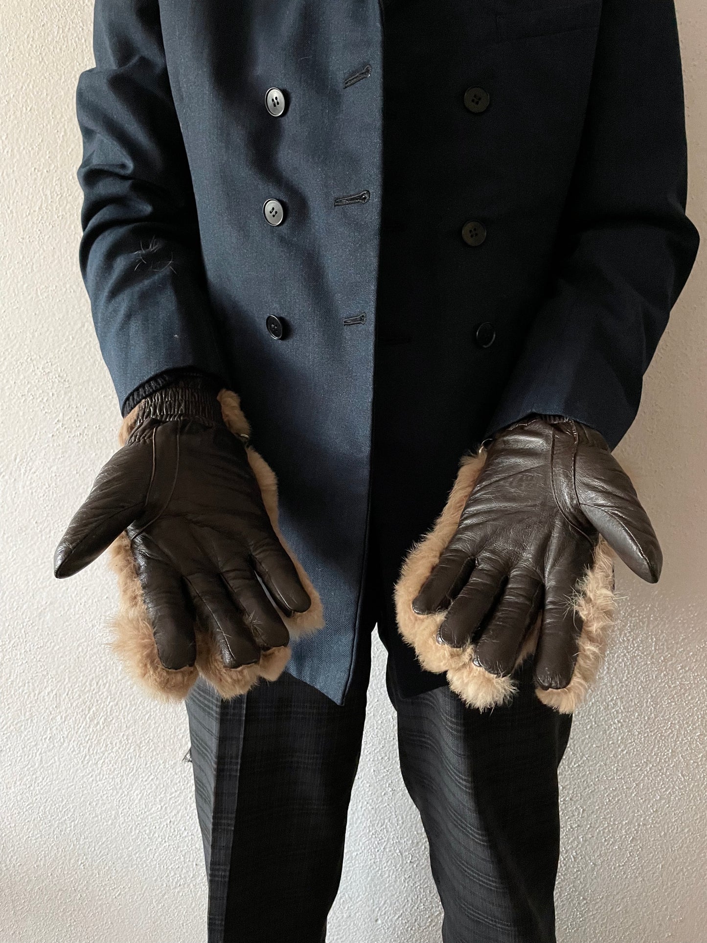 vintage france leather × real fur glove