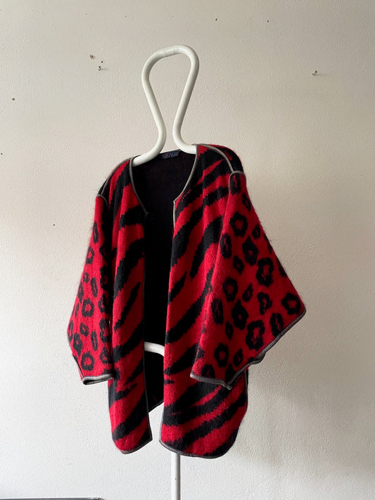 80s 80's ESCADA Vintage red leopard zebra jacket haori poncho wool mohair superkidmohair polyamid 1980s 1980's ヴィンテージ エスカーダ ジャケット 赤 レッド レオパード ゼブラ 古着 古着屋 プラハ TOTO