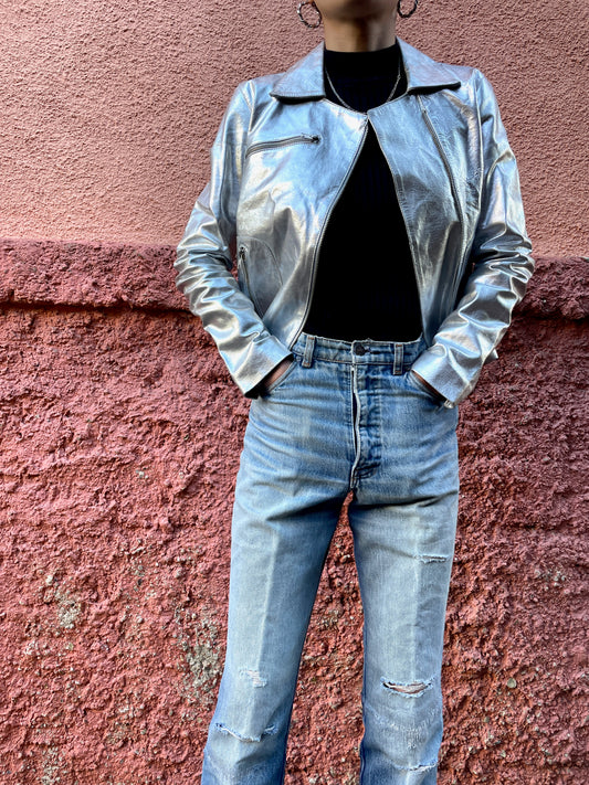 NAF NAF silver leather biker jkt