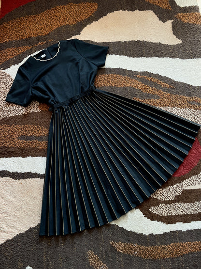 70-80's Black Gold pleated dress, made in England