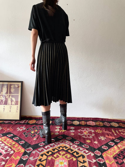 70-80's Black Gold pleated dress, made in England