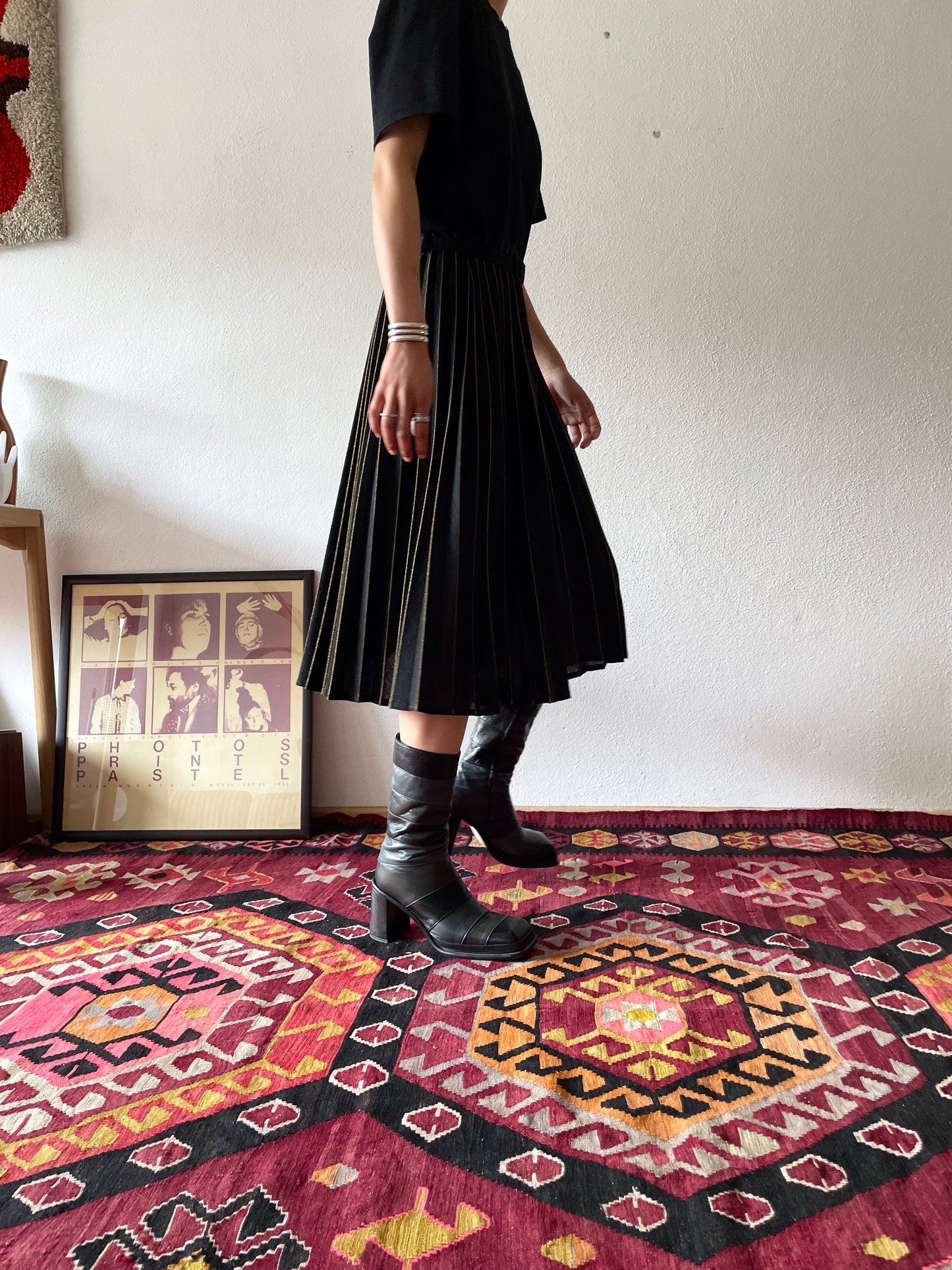 70-80's Black Gold pleated dress, made in England