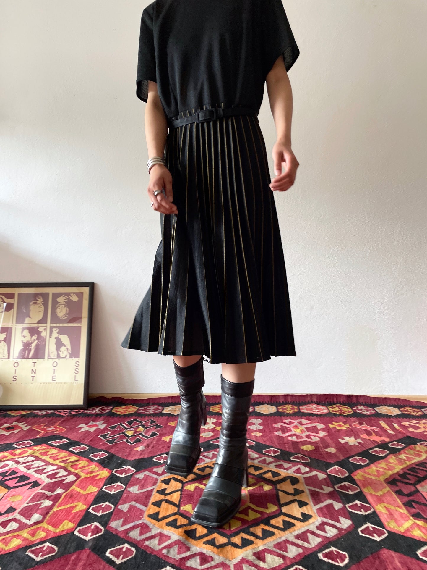 70-80's Black Gold pleated dress, made in England